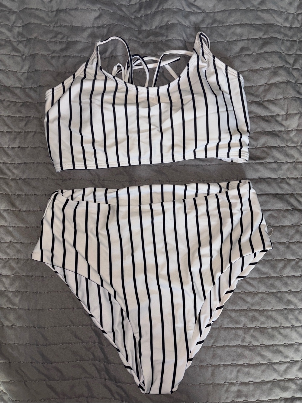 SHEIN White and Black Vertical Stripe High-Waist Bikini